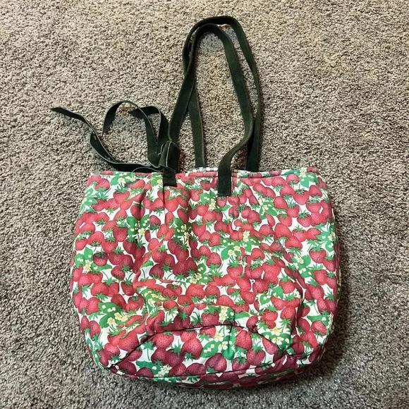 Strawberry Quilt Pattern Tote‎ Bag Leather Handmade Reversible vintage cottage - Picture 1 of 7